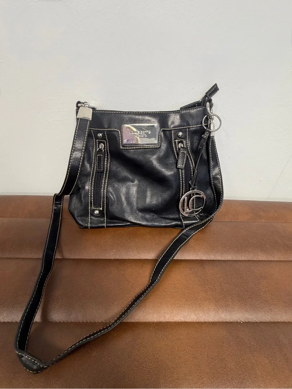 Liz Claiborne Black Leather Crossbody with Contrast Stitching